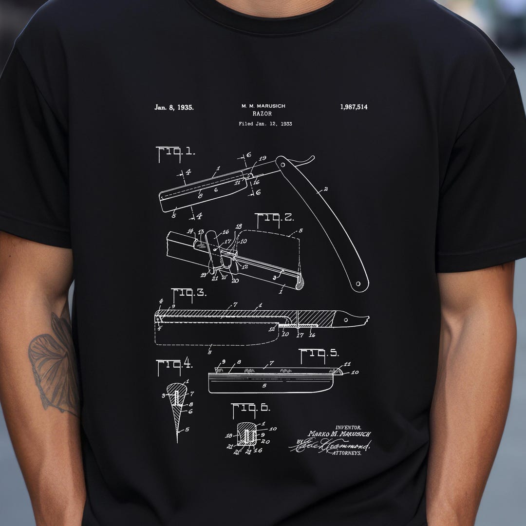 Straight Razor Design From US Patent Office. T-shirt Gift for Barber ...