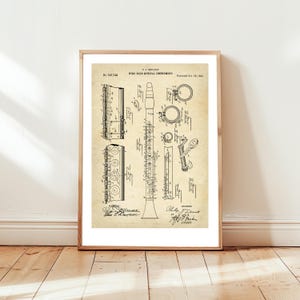 Vintage clarinet from 1894 from US Patent Office. Poster gift for clarinettist, clarinet player, woodwind, band, musical instrument