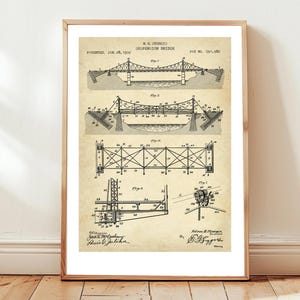 Old suspension bridge design from US Patent Office. Poster gift civil, structural engineer, bridge design engineering, history, architecture