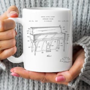 Upright piano design from US Patent Office. Mug gift for pianist, piano player, musical instrument, music lover, piano mug gift