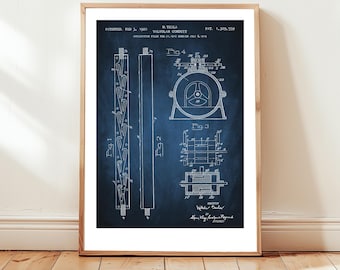 Design of Tesla valve or valvular conduit from 1920 from US Patent office. Poster gift for hydraulics engineer, civil engineer, nikola tesla