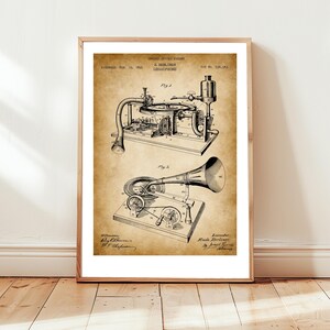 Antique gramophone from 1895 US Patent office. Poster gift audiophile, music lover, musician, record player, vintage gramophone, steampunk