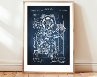 Printing press design from 1914 from US Patent Office. Poster gift, author, writer, journalist news media, printing art, steampunk, print,