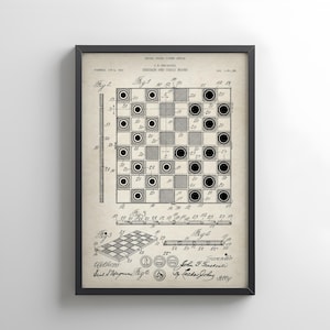 Design of checker and chess board from the US Patent Office. Poster gift for chess player, board games, chess gifting, chess decor