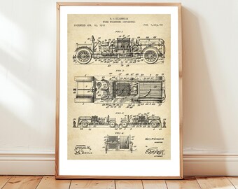 Vintage fire engine design from 1912 from US Patent office. Poster gift for firefighter, fireman, fire engine wall art, steampunk,