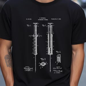 Hypodermic needle design from US Patent Office. T-shirt gift for surgeon, doctor, medical, hospital, physician, wall art, medical student