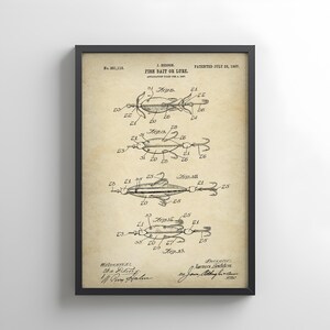 Vintage flies lures design from 1907 from US Patent Office. Poster gift for angler, angling, fishing, fisherman, outdoor sport,  fly fishing