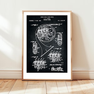 French Horn by Hubley design from the US Patent Office. Poster gift French Horn player, musician, music room wall art, brass instrument
