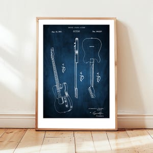 Electric Telecaster guitar design from US Patent Office. Poster gift for guitarist, guitar player, musician, musical instrument, music lover