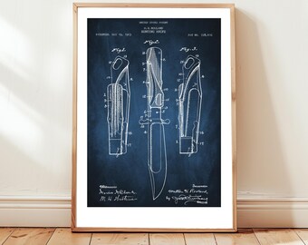 Hunting knife design from US Patent Office. Poster gift for hunter, hunting, outdoorsman, camping, prepper, outdoor sport
