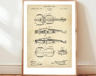 Diseño de violín de 1921 de la Oficina de Patentes de EE. UU. Póster de regalo para violinistas, músicos, orquestas, amantes de la música, instrumentos musicales,
