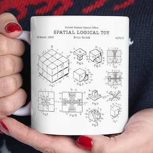 Rubik&#39;s cube puzzle patent by Erno Rubik from 1983 from US Patent Office. Mug gift classic puzzle, rubiks cube,  nostalgia, retro toy,