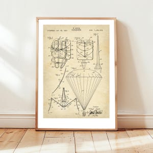 Parachute design from 1920 from US Patent office. Poster design for parachutist, parachuting, skydiver, skydiving, base jumper,  jumping
