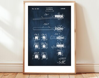 Design of a toothbrush from US Patent Office. Poster gift for dentist, dental hygienist, dentist wall art, dental surgery poster,