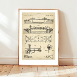 Diseño de puente colgante de la Oficina de Patentes de EE. UU. Póster de regalo para ingeniería civil, ingeniería estructural, diseño de puentes, historia y arquitectura.