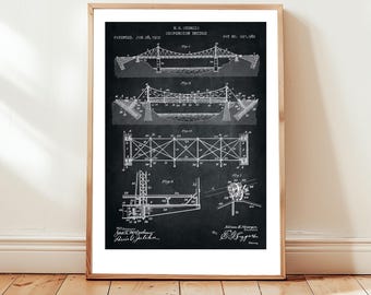 Suspension bridge design from US Patent Office. Poster gift civil, structural engineer, bridge design engineering, history, architecture
