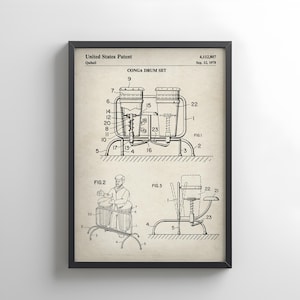 Diseño de un juego de tambores conga de la Oficina de Patentes de EE. UU. Póster de regalo para bateristas, tambores, música, músicos, intérpretes de congas, instrumentos musicales