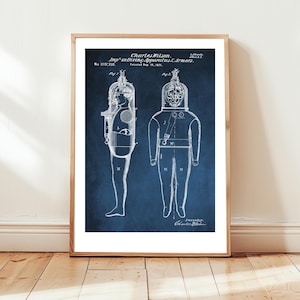 Vintage diving suit design from US Patent Office. Poster gift diver, diving, divers wall art, antique diving suit, history, offshore