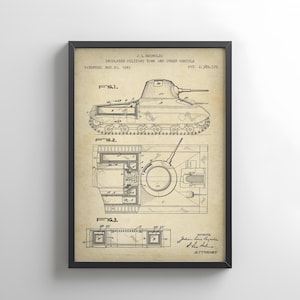 Military army tank design from US Patent Office. Poster gift for army, military history, soldier, armed forces, armoured, mechanized