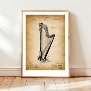 Harp string musical instrument patent from 1890 from the US Patent Office. Poster gift for music lover, harpist, musician, orchestra