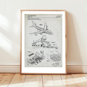 Diseño de sistema de manejo de carga de aeronaves por Boeing, de la Oficina de Patentes de EE. UU. Póster de regalo sobre logística, aviación, manipulación de carga, transporte aéreo.