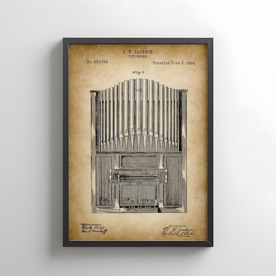 1894年製パイプオルガン（米国特許庁発行）。オルガン奏者、教会