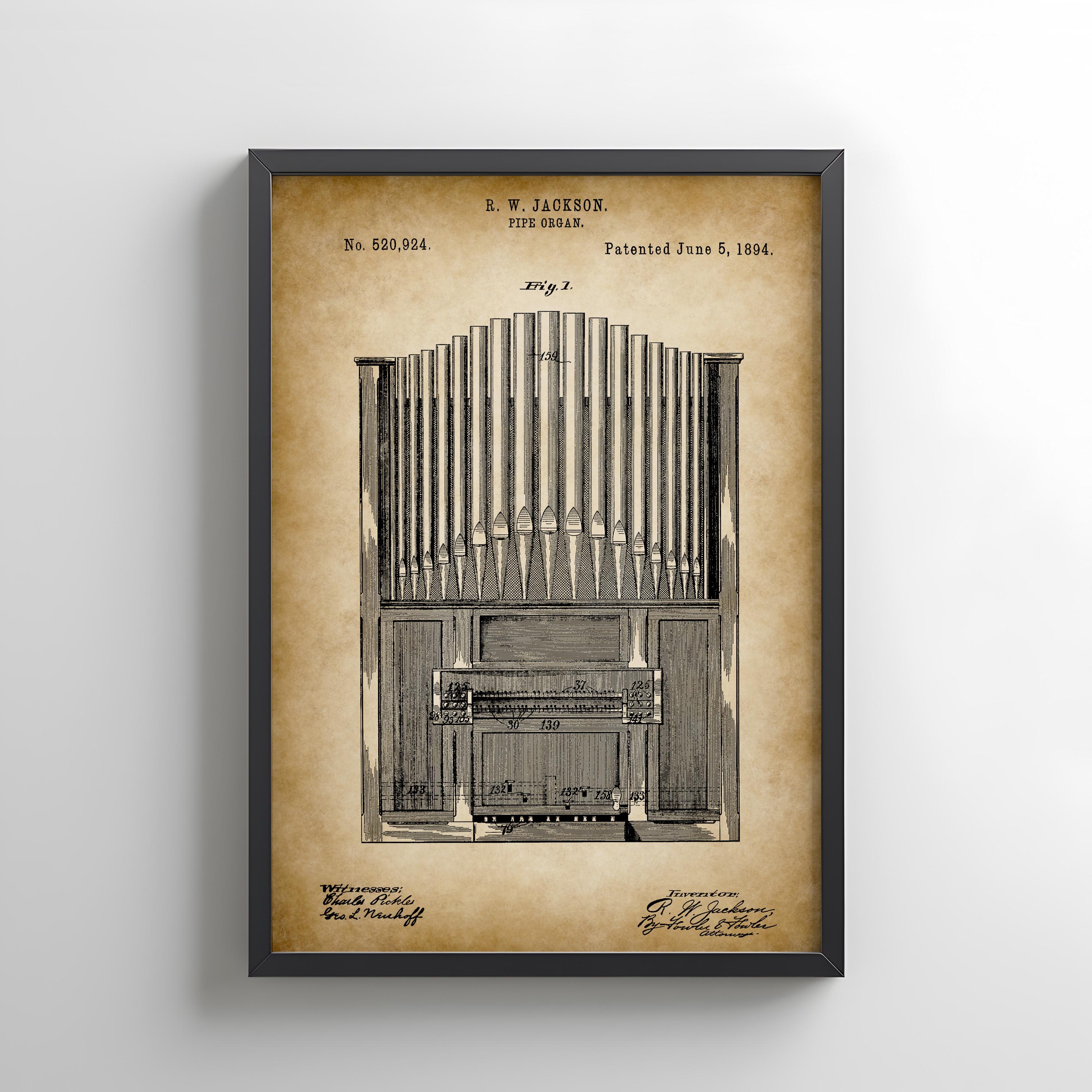 1894年製パイプオルガン（米国特許庁発行）。オルガン奏者、教会