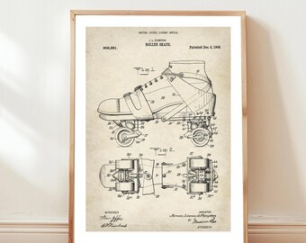 Design vintage di pattini a rotelle dell'Ufficio brevetti degli Stati Uniti. Poster regalo per pattinatori a rotelle, pattini a rotelle, pattinaggio a rotelle, sport, retrò, vintage,