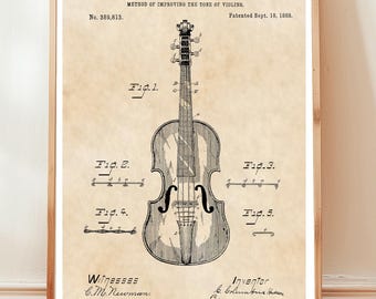 Diseño de violín antiguo de 1888 de la Oficina de Patentes de EE. UU. Póster de regalo para violinistas, músicos, orquestas, amantes de la música e instrumentos musicales.