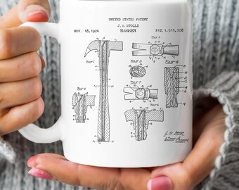 Diseño de martillo de la Oficina de Patentes de EE. UU. Taza de regalo para aficionados al bricolaje, manitas, mecánicos, carpinteros, constructores, talleres, ebanistas.
