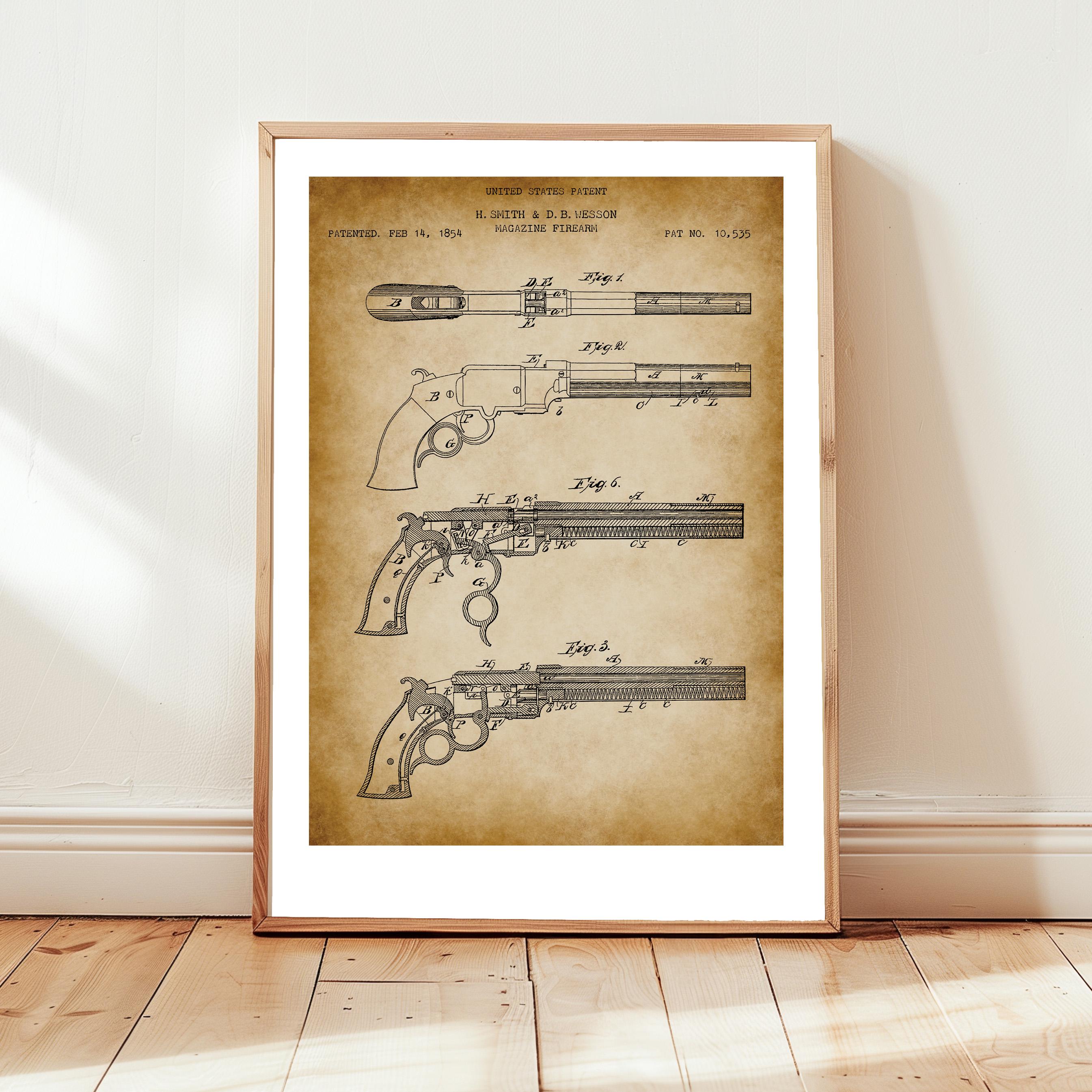特大　ビンテージ銃器図面アートプリント木製額縁 米国特許庁所蔵の1854年製アンティークのボルカニックピストル