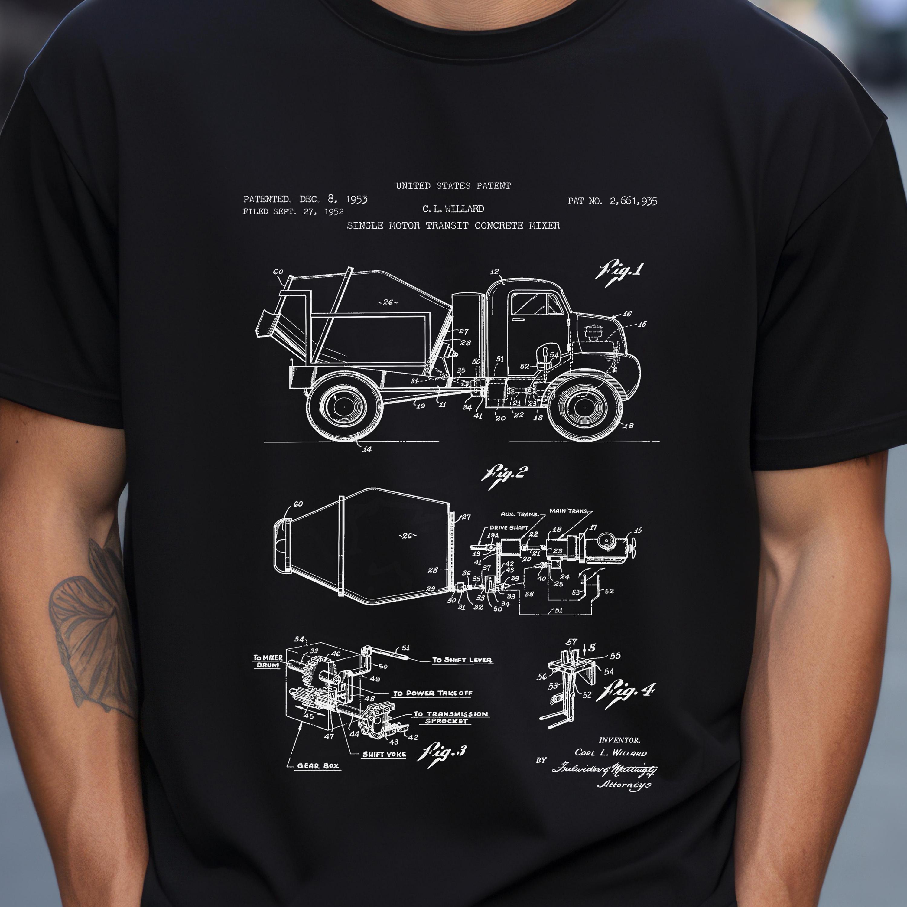 Concrete mixer truck design from US PAtent Office. T-shirt gift construction site, civil engineer, machinery, industry, cement truck,