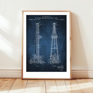 Oil derrick for drilling design from US Patent Office. Poster gift oil engineer, oil and gas exploration, petroleum engineering, energy,