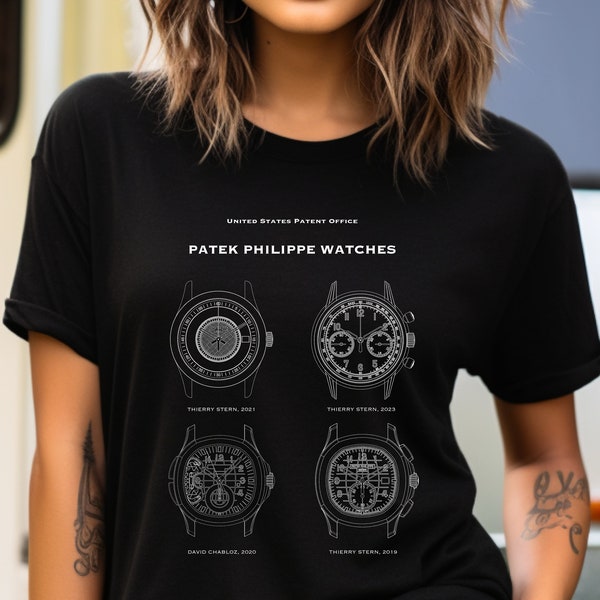 T shirt with US patent office designs of a variety of watch faces for Patek Philippe luxury watches. Perfect gift for watch collectors