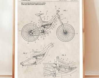 Mountain bike suspension design from US Patent Office. Poster gift for mountain biker, biking, cyclist, cycling, bicycle, sport,