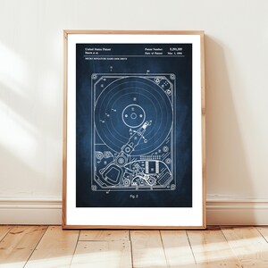 Computer hard disk drive design from US Patent Office. Poster gift IT, computer engineer, technology, computing, hardware, data, science