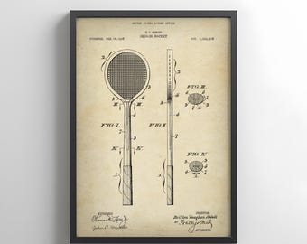 Vintage design of a squash racquet from 1928 from US Patent Office. Poster gift for squash player, racquet sports, squash racket