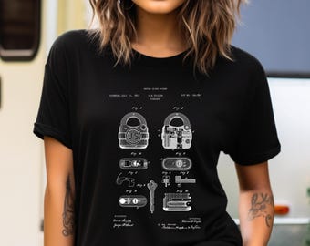 Padlock Design, Vintage Patent Drawing Tee | 100% US Cotton | Locksmith Gift, Mechanical Art Apparel