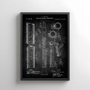 Vintage clarinet from 1894 from US Patent Office. Poster gift for clarinettist, clarinet player, woodwind, music room wall art