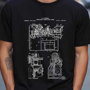 Camiseta con estampado de torno, dibujo de patente histórica - Hecha en EE. UU., de algodón / Regalo para ingenieros mecánicos / Taller de metalurgia
