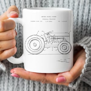 Vintage tractors from 1950s for Farmall from the US Patent Office. Mug gift for farmer, farming, agriculture, machinery, history, farms