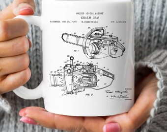 Design of a chainsaw from the US Patent Office. Gift mug for lumberjack, forester, forestry, DIY man, lumber garage, handyman, workshop tool