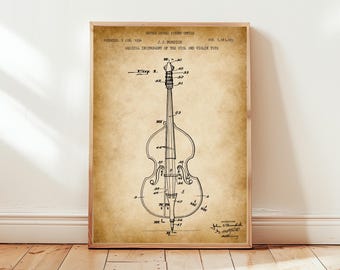 Vintage cello design from1934 from US Patent Office. Poster gift for cellist, cello player, orchestra, stringed instrument, musician, music