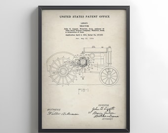 Vintage 1934 John Deere Tractor design print from the US Patent Office. Poster gift for farmer, farm, agriculture, farmhouse wall art