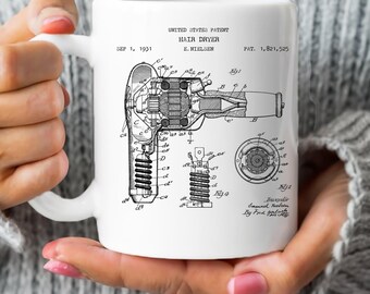 Design of vintage hairdryer from US Patent Office. Mug gift for hair stylist, hairdresser, barber, hair salon, hair stylist gift.