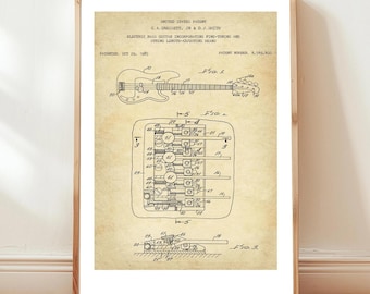 Bass guitar design from US Patent Office. Poster gift, guitarist, bass guitar player, musical instrument, musician, bassist,