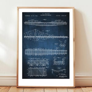 Old suspension bridge design from US Patent Office. Poster gift civil, structural engineer, bridge design engineering, history, architecture