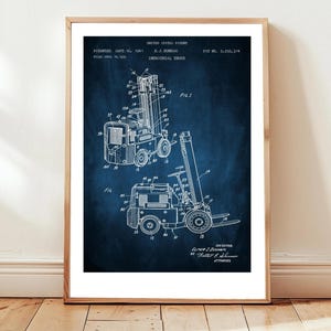 Gaffeltruckdesign från US Patent Office. Affisch, present, lager, industri, logistik, väggkonst, fabrikslastbil, gaffeltrucktryck