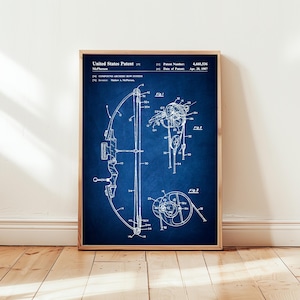 Design of compound archery bow from US Patent Office. Poster gift for archery, archer, archery wall art, archery bow, sport