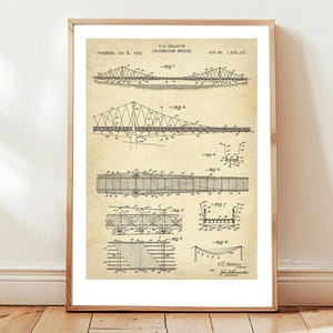 Old suspension bridge design from US Patent Office. Poster gift civil, structural engineer, bridge design engineering, history, architecture